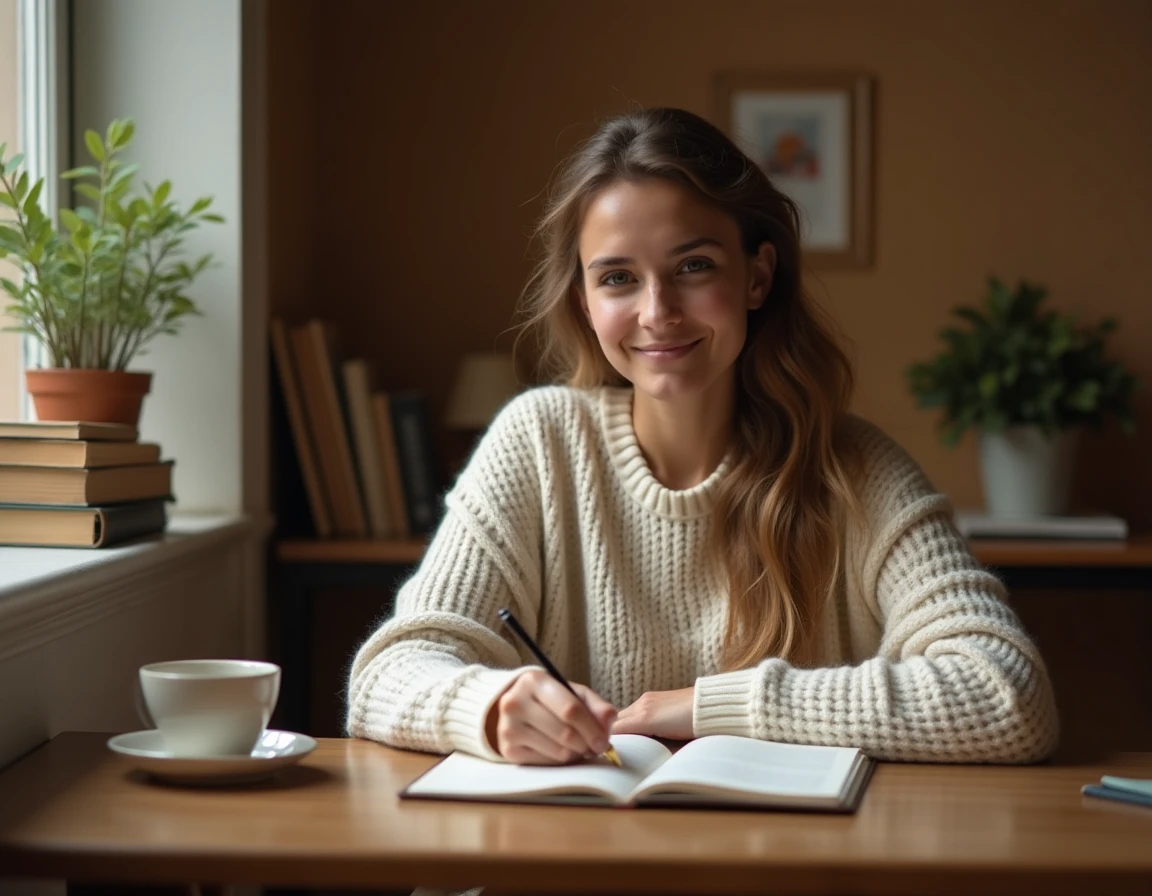 Jeune femme écrivant dans son journal intime à un bureau en bois avec un stylo plume, ambiance cozy et chaleureuse
