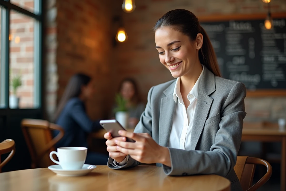 Femme professionnelle suivant un cours en ligne Moodle sur son t&eacute;l&eacute;phone dans un caf&eacute; urbain moderne