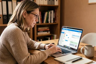 Femme adulte utilisant un espace Moodle GRETA sur ordinateur portable dans un bureau à domicile organisé