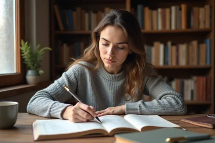 Jeune femme étudiant les temps de l'indicatif français avec des livres de grammaire ouverts sur un bureau en bois