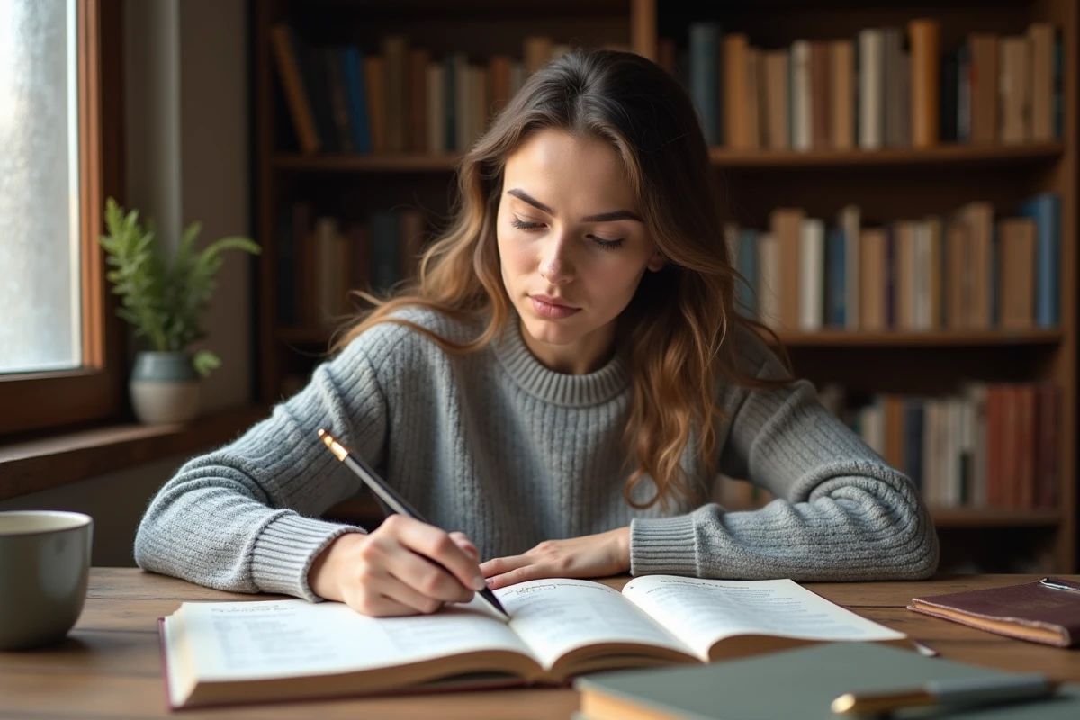 Jeune femme étudiant les temps de l'indicatif français avec des livres de grammaire ouverts sur un bureau en bois