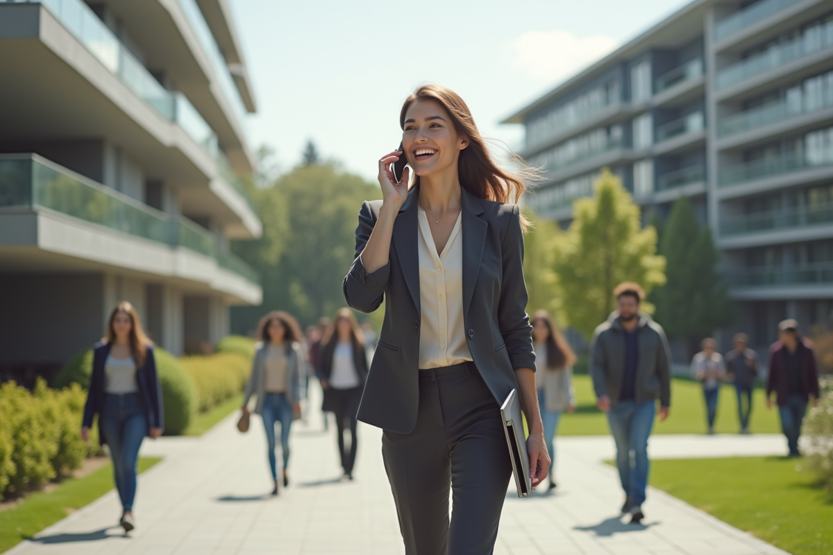 Femme confiante marche sur un campus universitaire dynamique