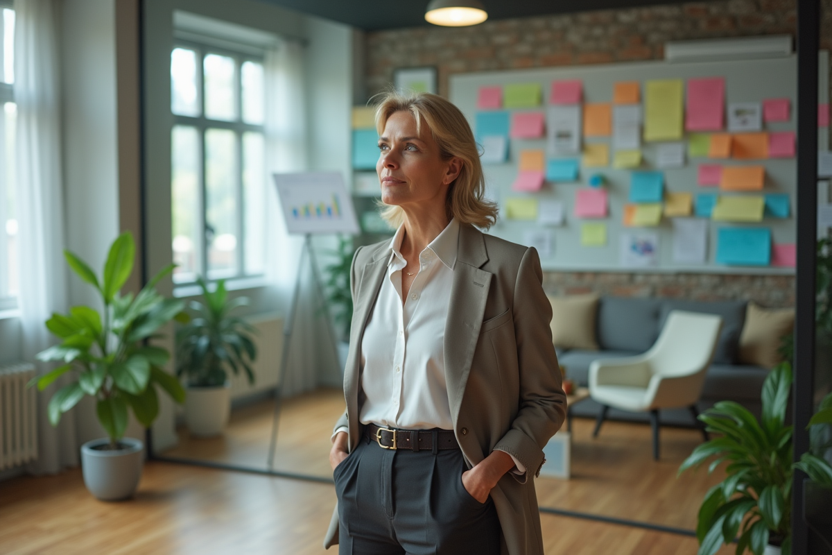 Femme cadre devant un mur de notes colorées et graphiques