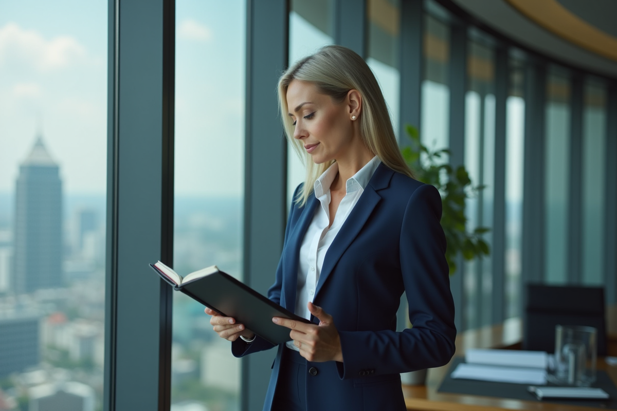 Femme cadre regardant un document près d