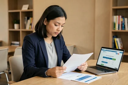 Femme consultant des documents de financement formation professionnelle CPF dans un espace de coworking moderne