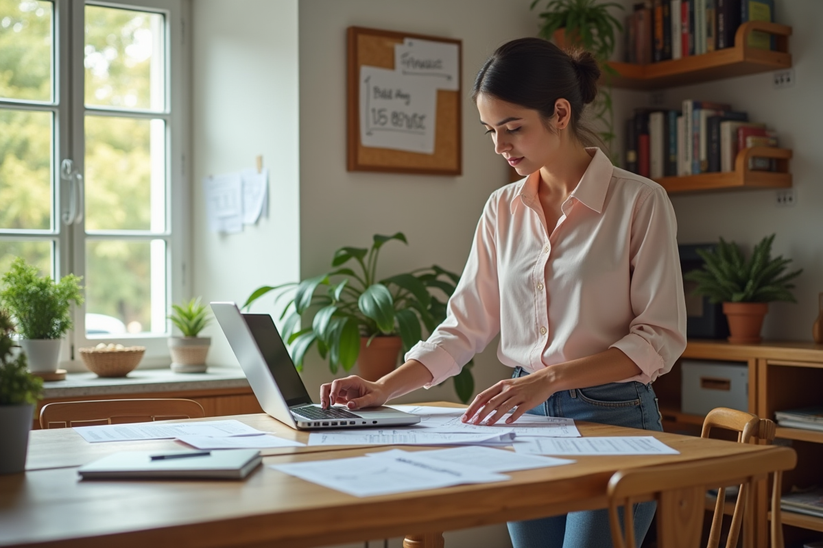 Jeune femme analysant des feuilles de calcul à la maison