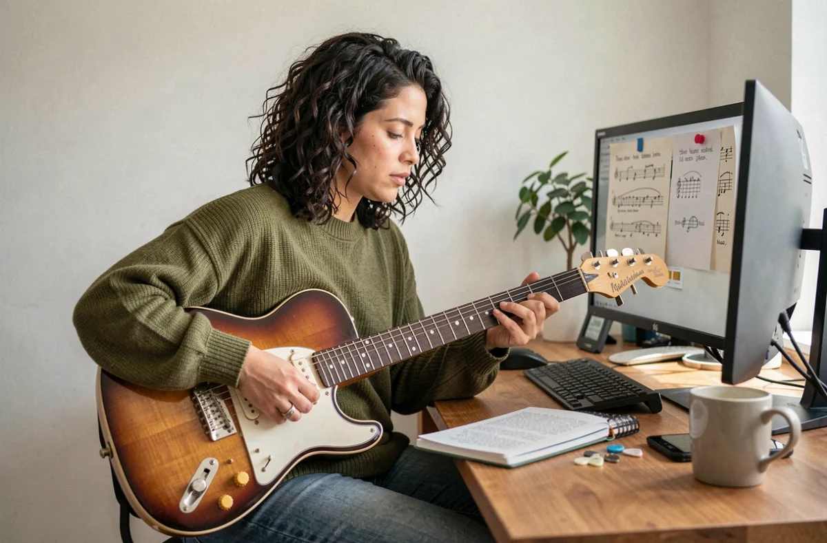 Femme apprenant la guitare électrique seule à son bureau avec des notes d'accords, programme express de guitare en soirée