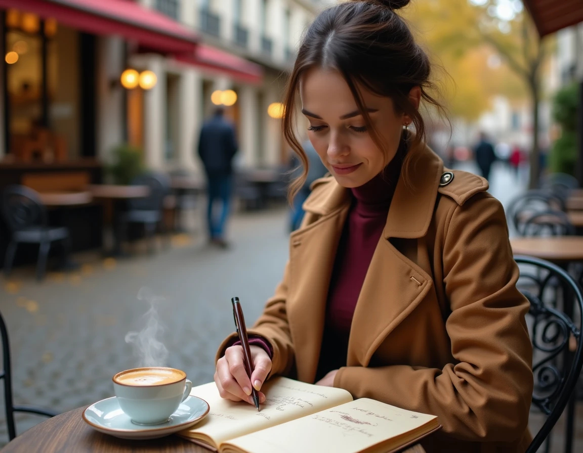 Femme écrivant dans un journal en cuir à une terrasse de café parisien en automne avec un espresso