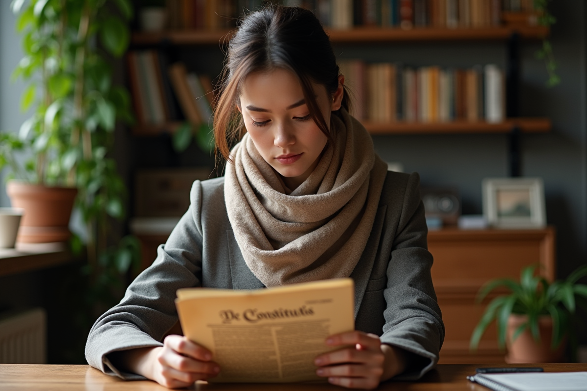 Jeune femme lisant un livret dans un bureau cosy