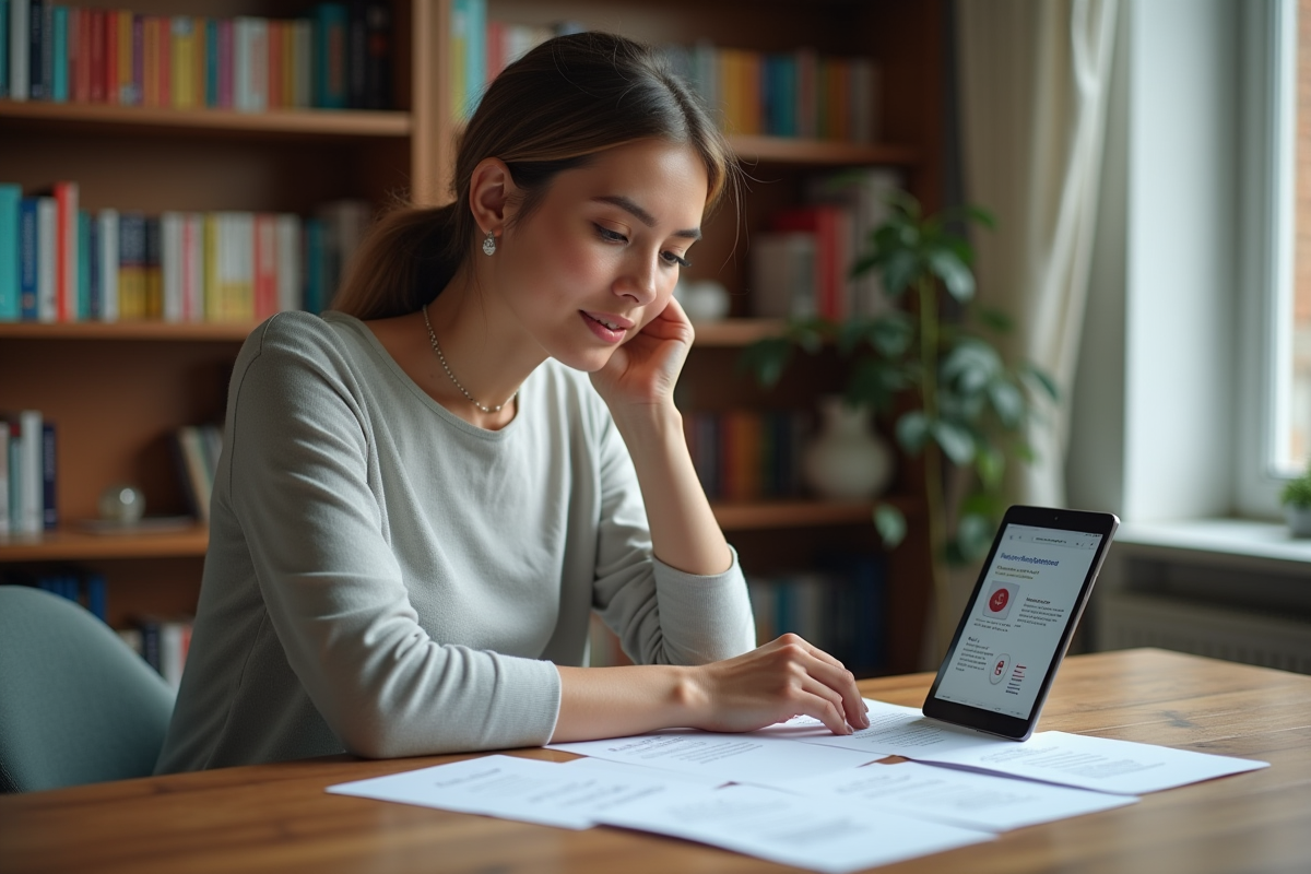 Jeune femme organise documents de mariage avec tablette
