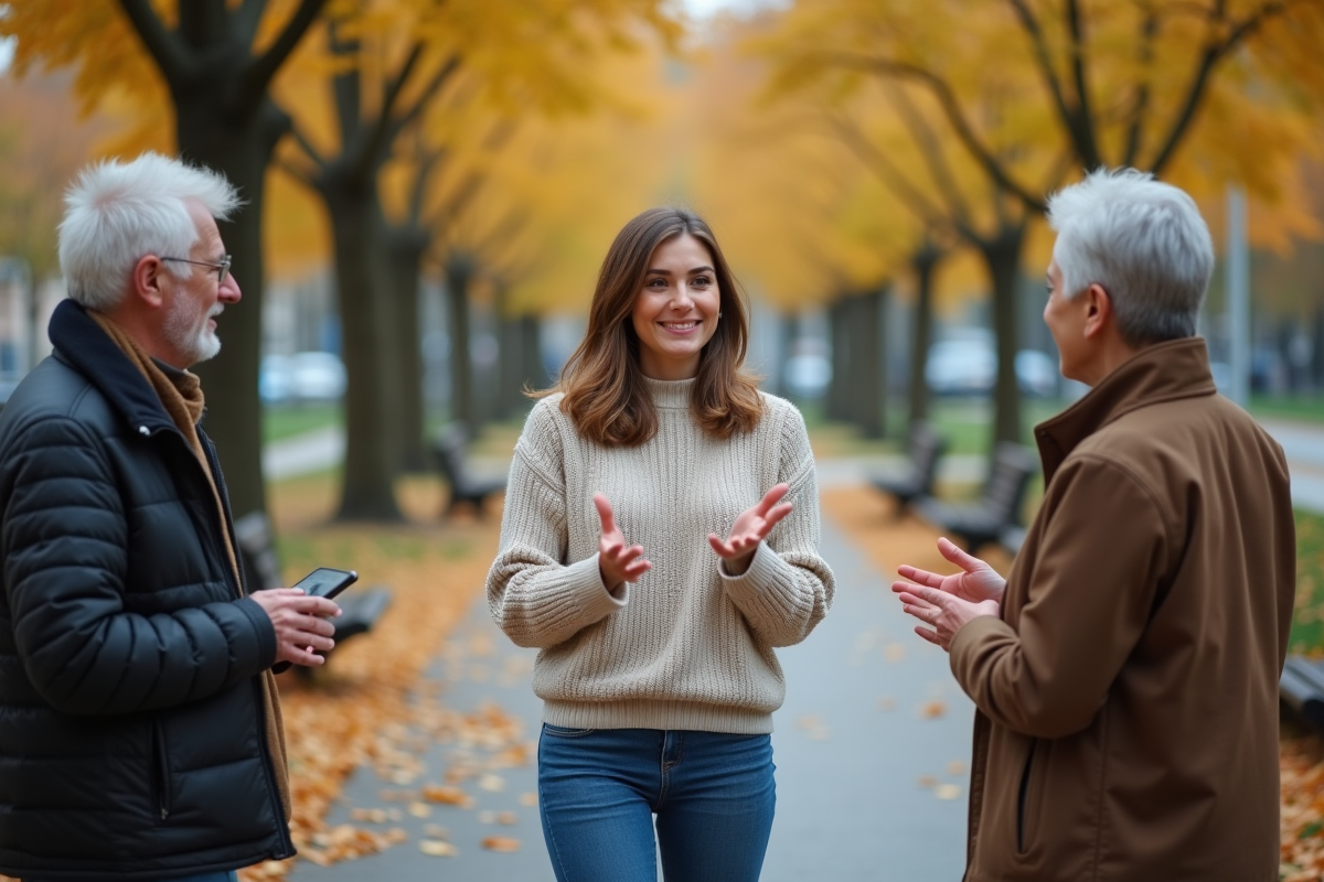 Jeune femme parlant dans un parc urbain avec un homme et une femme âgées