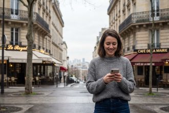 Jeune femme souriante sur un boulevard parisien à Clichy