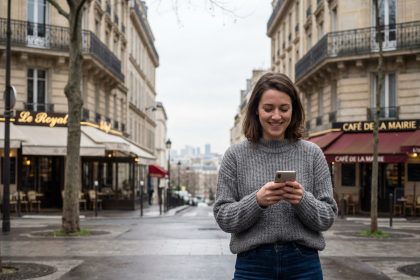 Jeune femme souriante sur un boulevard parisien à Clichy