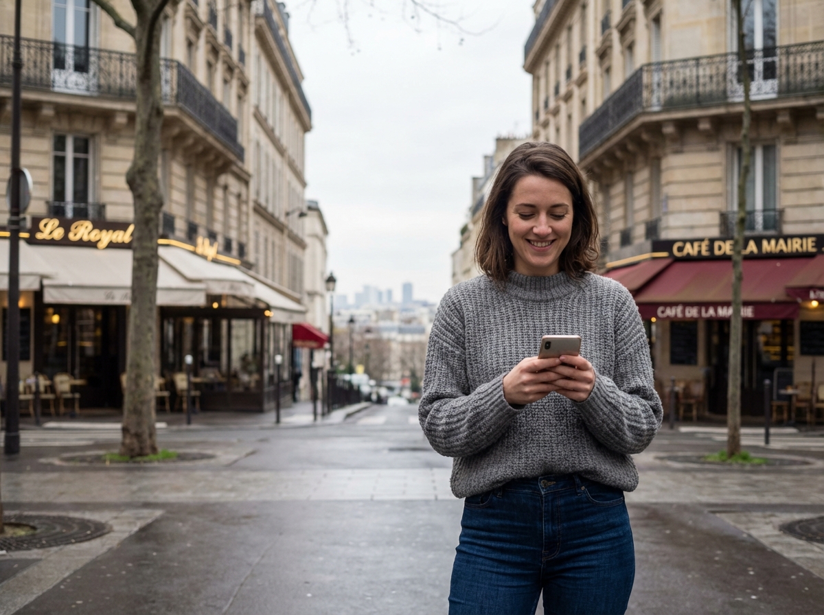 Jeune femme souriante sur un boulevard parisien à Clichy