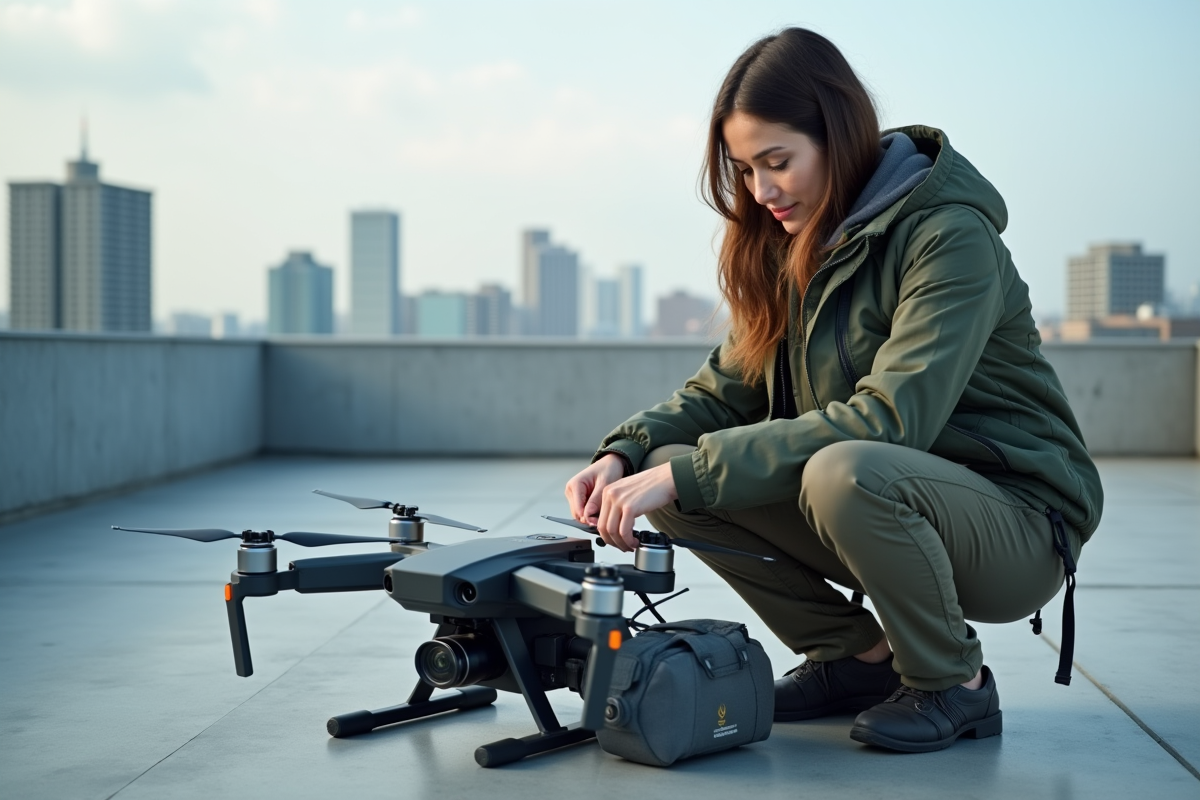Femme pilote de drone préparant son équipement en ville