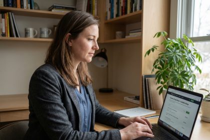 Femme professionnelle au bureau à domicile en train de naviguer sur son ordinateur