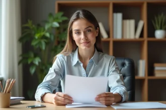 Femme élégante relisant une lettre de recommandation dans un bureau moderne