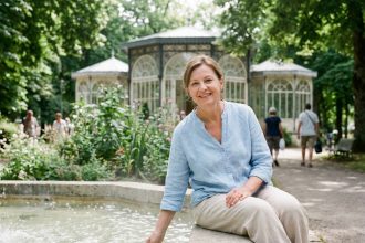 Femme souriante assise près d'une fontaine à Vichy