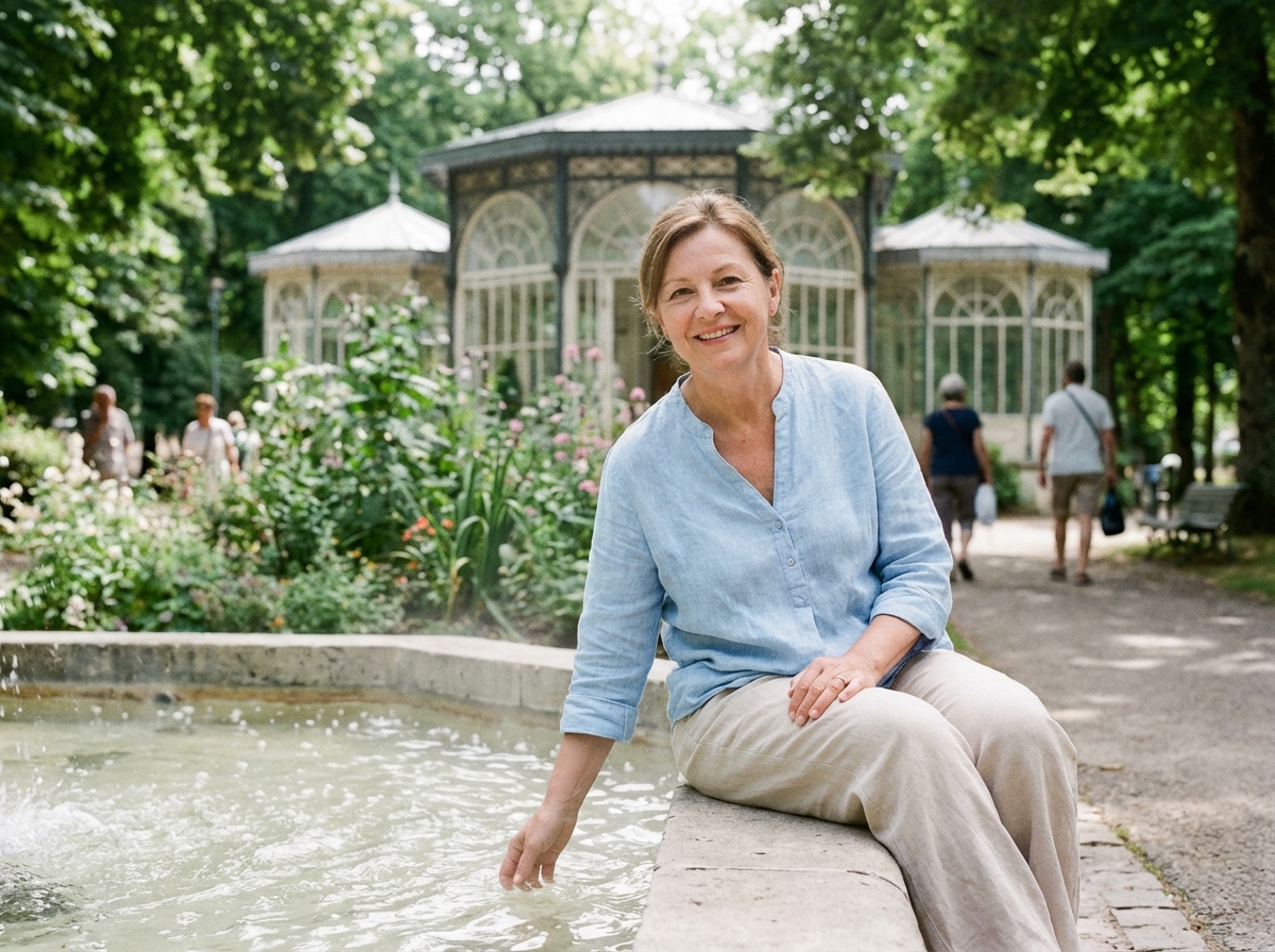 Femme souriante assise près d'une fontaine à Vichy