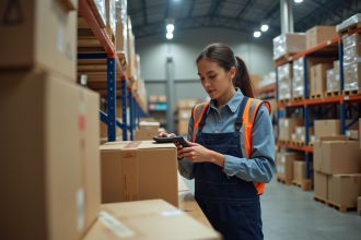 Jeune femme en overalls organisant des colis en entrepôt