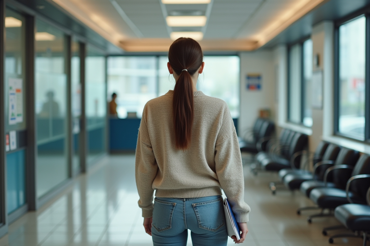 Jeune femme avec dossiers devant un bureau de taxes