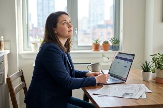 Femme en blazer et jeans au travail à la maison