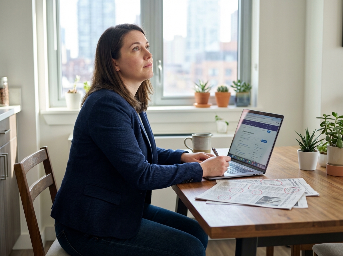 Femme en blazer et jeans au travail à la maison