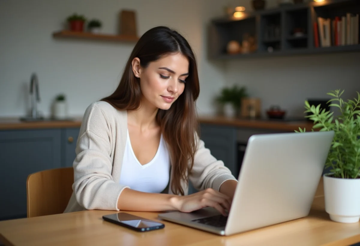 Femme concentrée travaillant sur un ordinateur portable à la maison