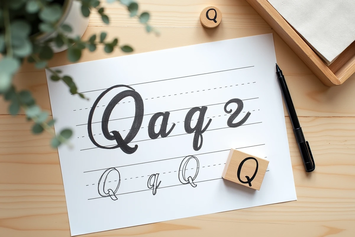 Vue de dessus d'une feuille d'entraînement à l'écriture cursive du Q majuscule avec carte Montessori en papier de verre sur bureau en bois