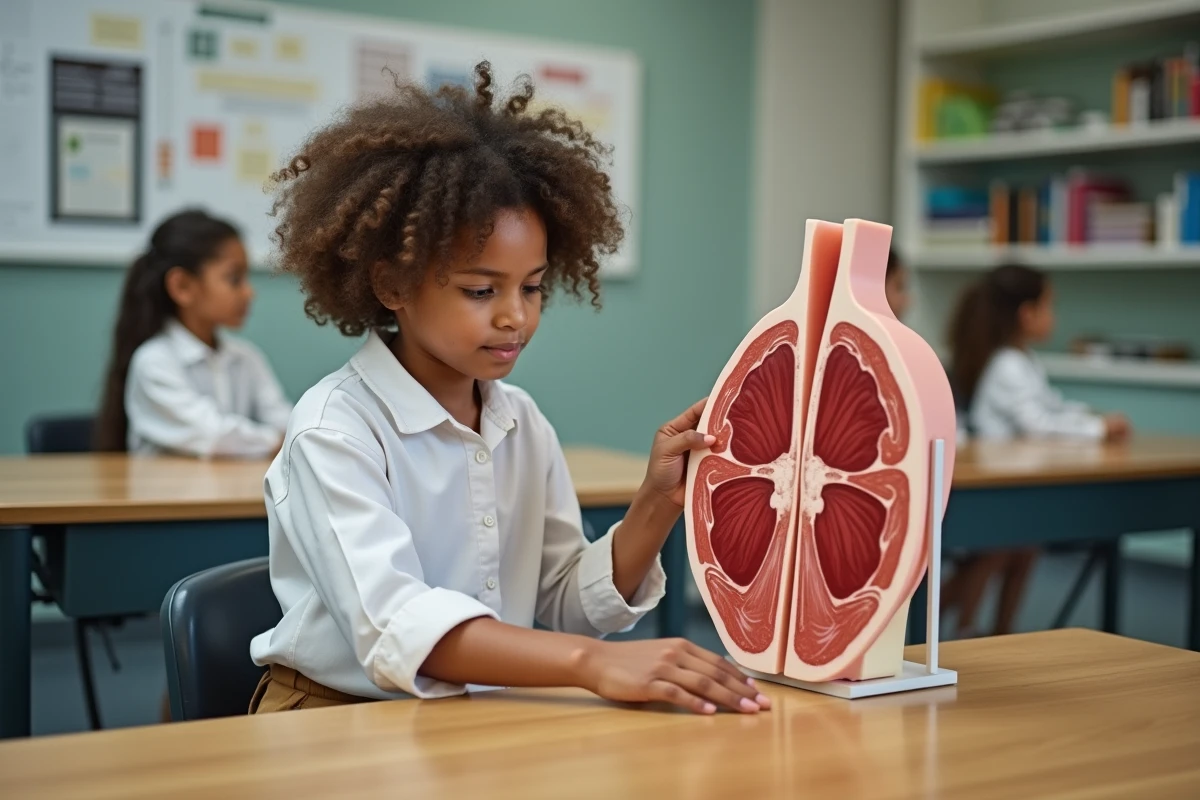 Fille examinant un mod&egrave;le anatomique en laboratoire