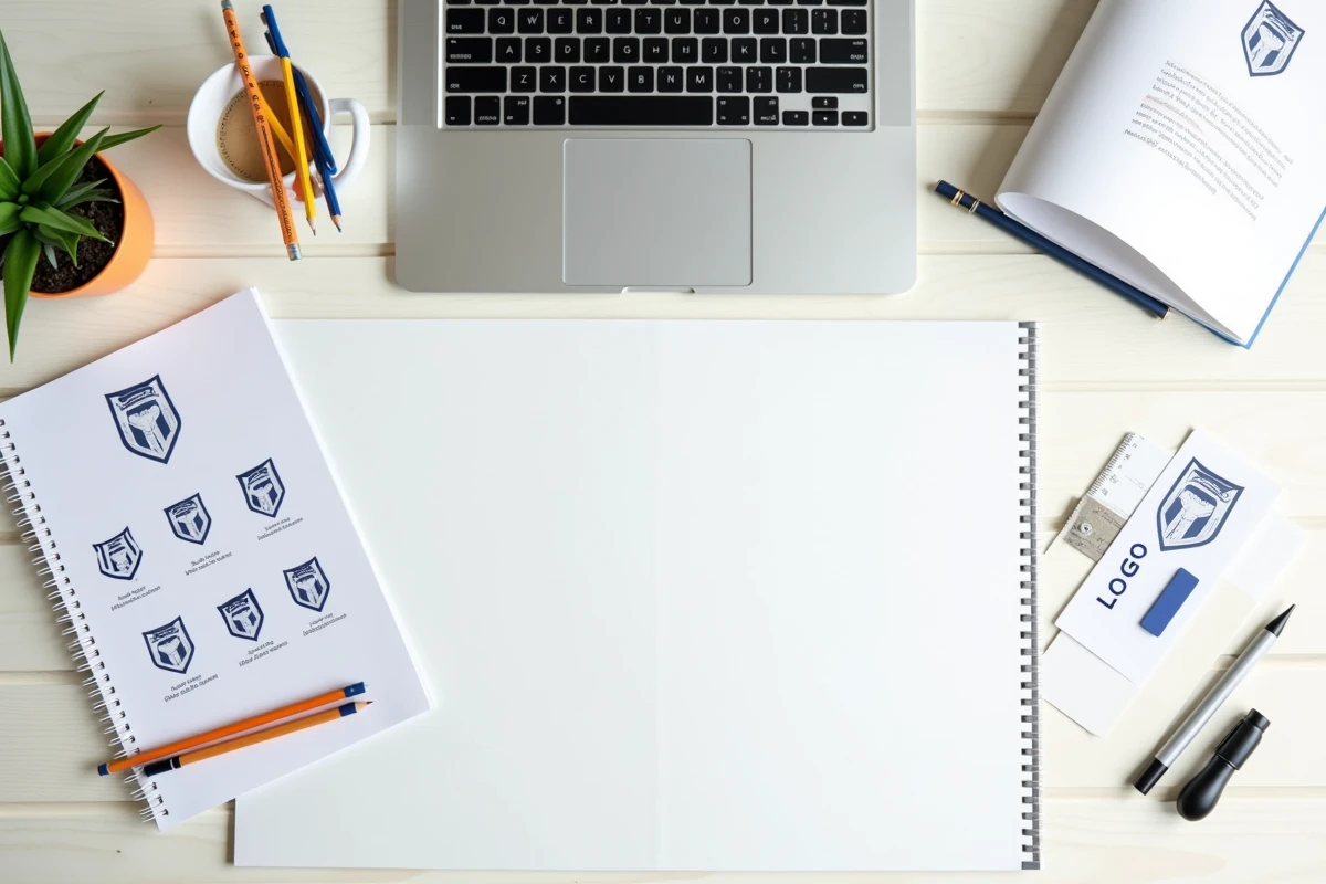Flat lay d'un kit de charte graphique scolaire avec esquisses de logo, guide de marque et logiciel de design sur un bureau blanc