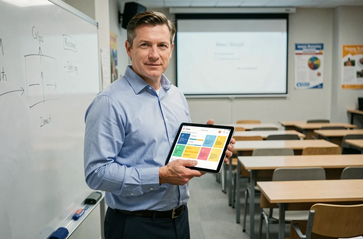 Formateur tenant une tablette avec l'interface de planification Moodle GRETA dans une salle de formation professionnelle