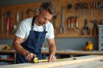 Homme en tablier mesurant une planche en bois dans un atelier de bricolage à domicile, illustrant une formation pratique au bricolage