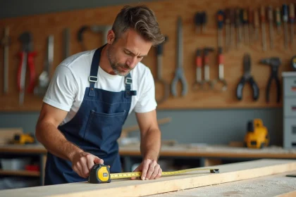Homme en tablier mesurant une planche en bois dans un atelier de bricolage à domicile, illustrant une formation pratique au bricolage