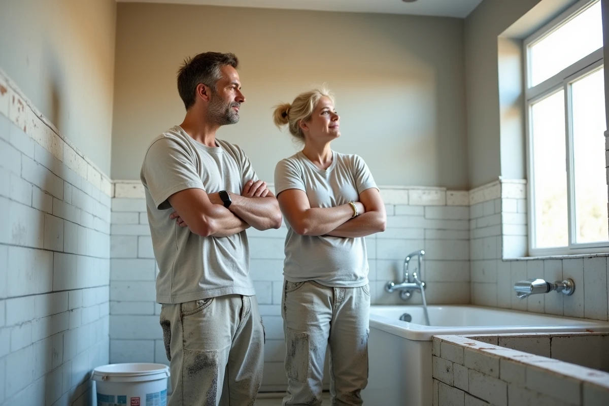 Couple admirant un mur de carrelage fraîchement posé dans une salle de bain rénovée, résultat concret d'une formation bricolage