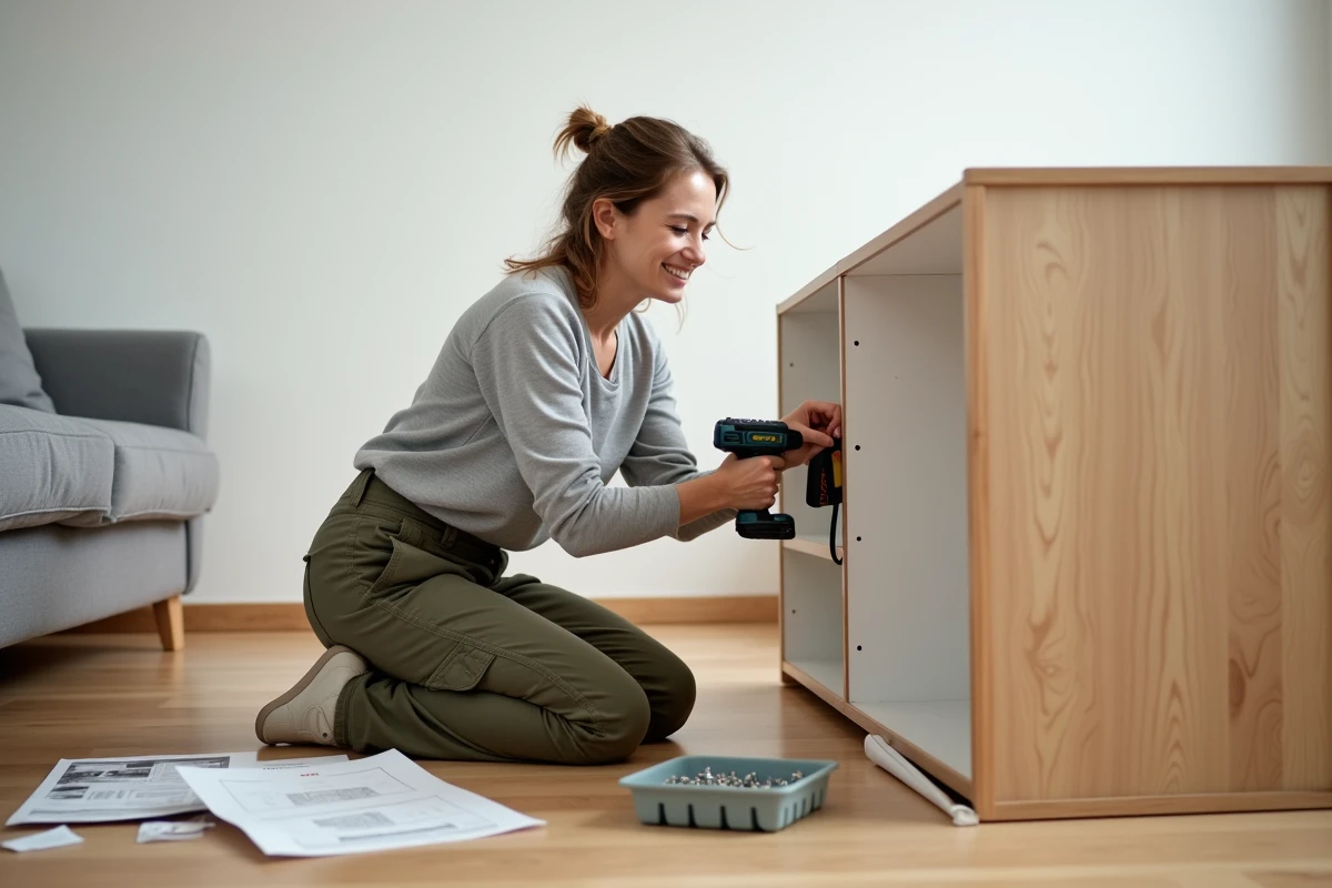 Femme assemblant un meuble avec une perceuse sans fil dans un salon moderne, avant-après travaux de bricolage maison