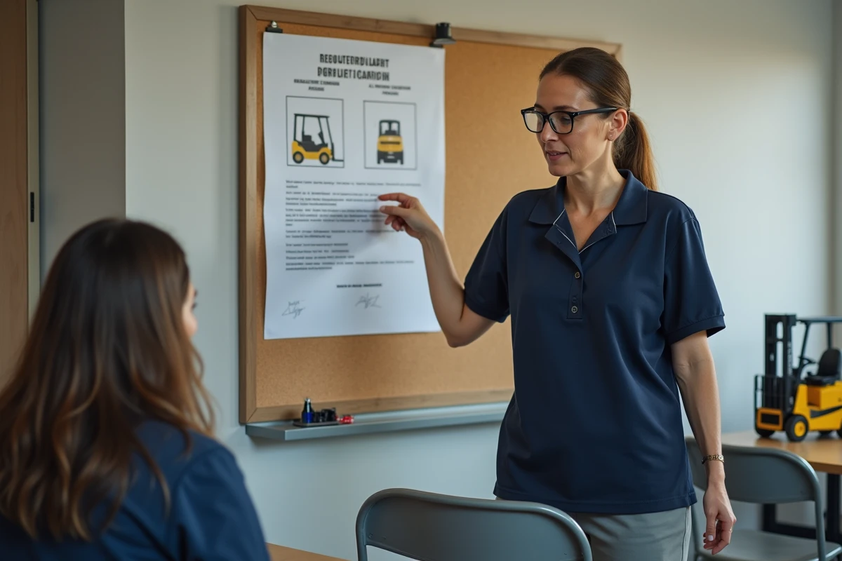 Formatrice expliquant la réglementation CACES à un stagiaire dans un centre de formation professionnelle