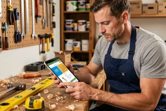 Homme en tablier de bricolage consultant une formation CPF en ligne sur une tablette dans un atelier DIY organisé