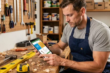 Homme en tablier de bricolage consultant une formation CPF en ligne sur une tablette dans un atelier DIY organisé