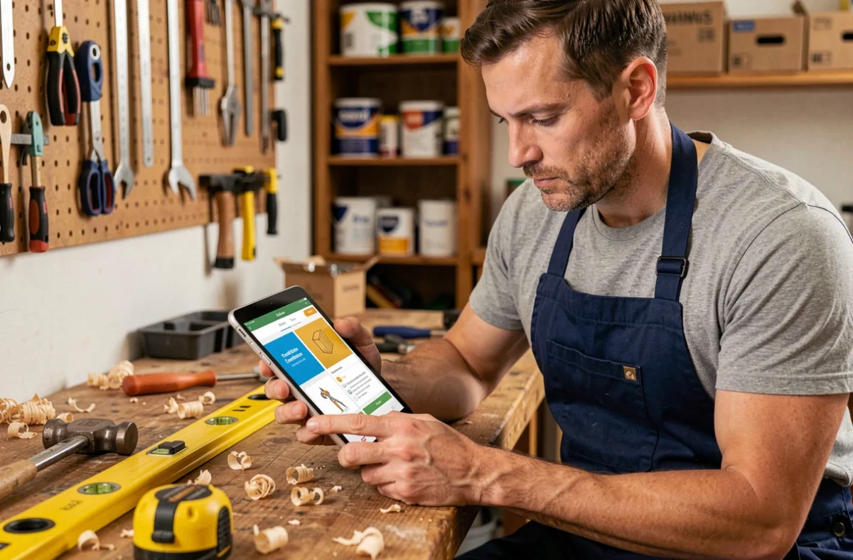 Homme en tablier de bricolage consultant une formation CPF en ligne sur une tablette dans un atelier DIY organisé