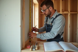 Homme bricoleur portant des équipements de protection individuelle mesurant une cloison en bois lors d'une formation CPF en rénovation domiciliaire