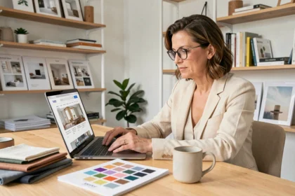 Femme consultant un site de formation en décoration intérieure sur ordinateur portable dans un bureau home office organisé