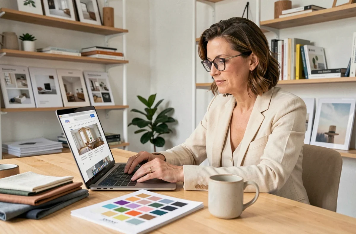 Femme consultant un site de formation en décoration intérieure sur ordinateur portable dans un bureau home office organisé