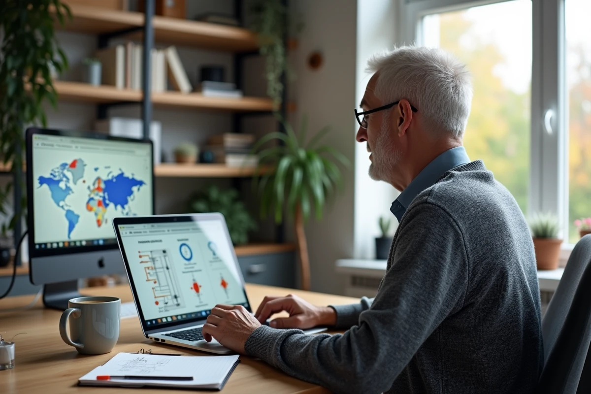 Homme adulte suivant une formation en ligne éligible CPF sur la sécurité en bricolage et installation électrique depuis son bureau à domicile