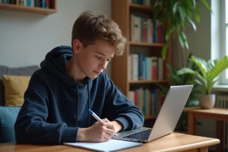 Jeune garçon en hoodie navy résolvant des calculs vectoriels