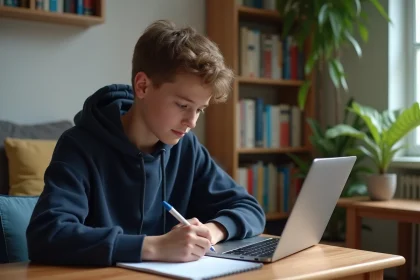 Jeune gar&ccedil;on en hoodie navy r&eacute;solvant des calculs vectoriels