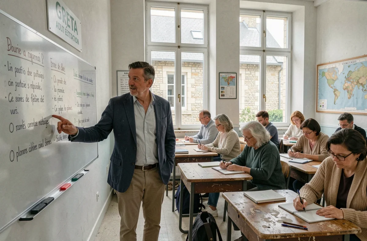 Formateur du réseau GRETA animant un cours pour adultes dans une salle de classe normande