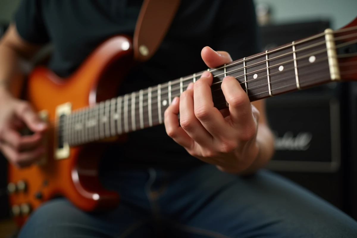 Gros plan sur les doigts formant un accord Gm en barré sur guitare électrique au manche