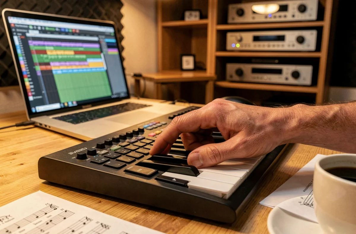 Gros plan de mains sur un clavier MIDI numérique avec logiciel de composition musicale visible en arrière-plan