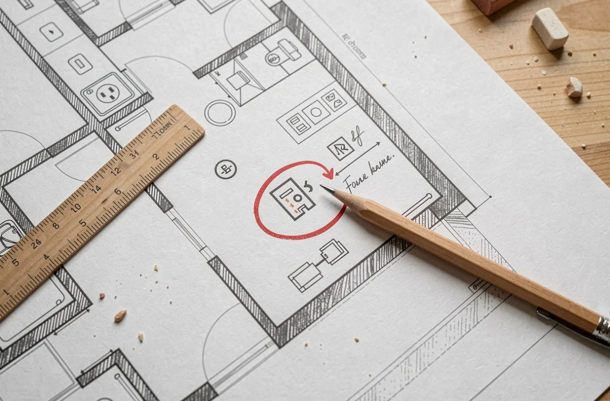 Gros plan sur des symboles électriques annotés à la main sur un plan d'architecte avec règle et crayon